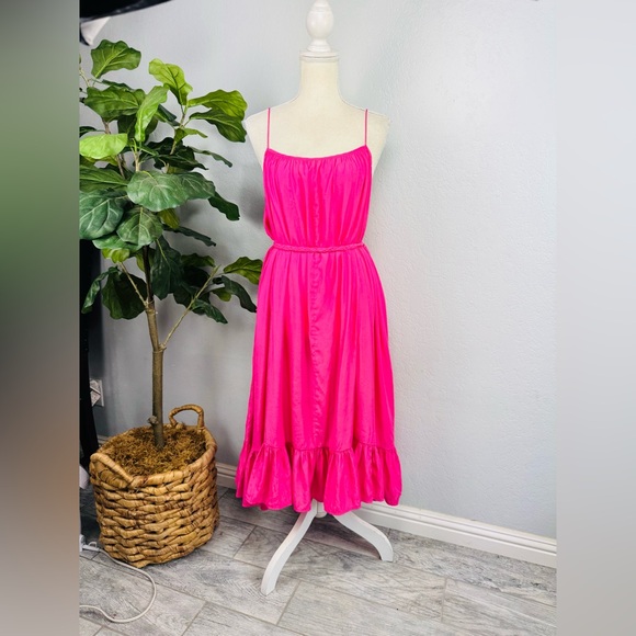 Jolie Bright Fuchsia Pink Scoop Neck Tassel Belt Tiered Midi Dress - Picture 2 of 11